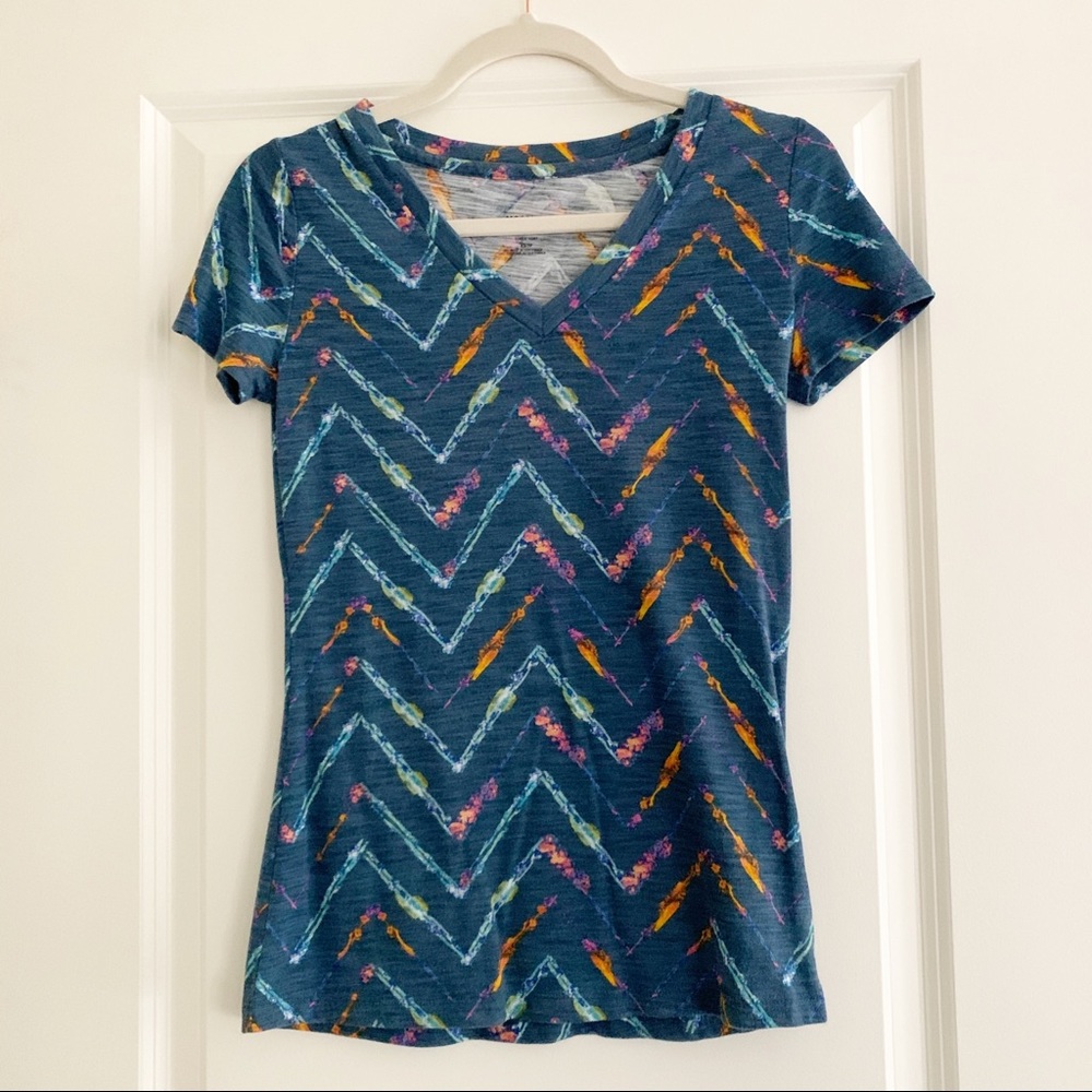 Mossimo V Neck Blue Graphic Print Tee XS